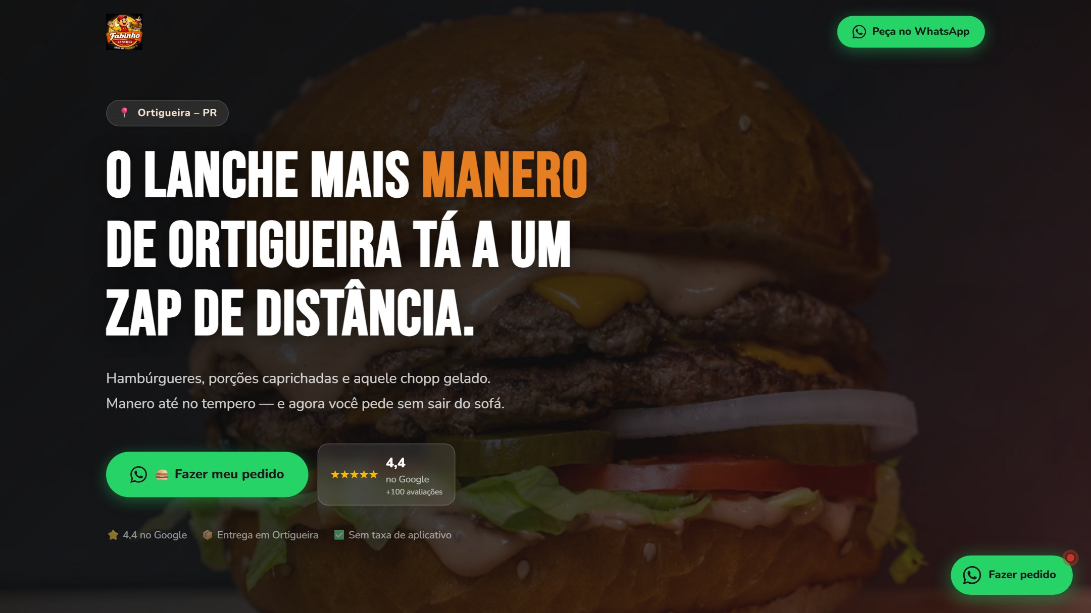 Página inicial do site da Fabinho Lanches & Chopp, com hambúrguer em tela cheia sobre fundo escuro.