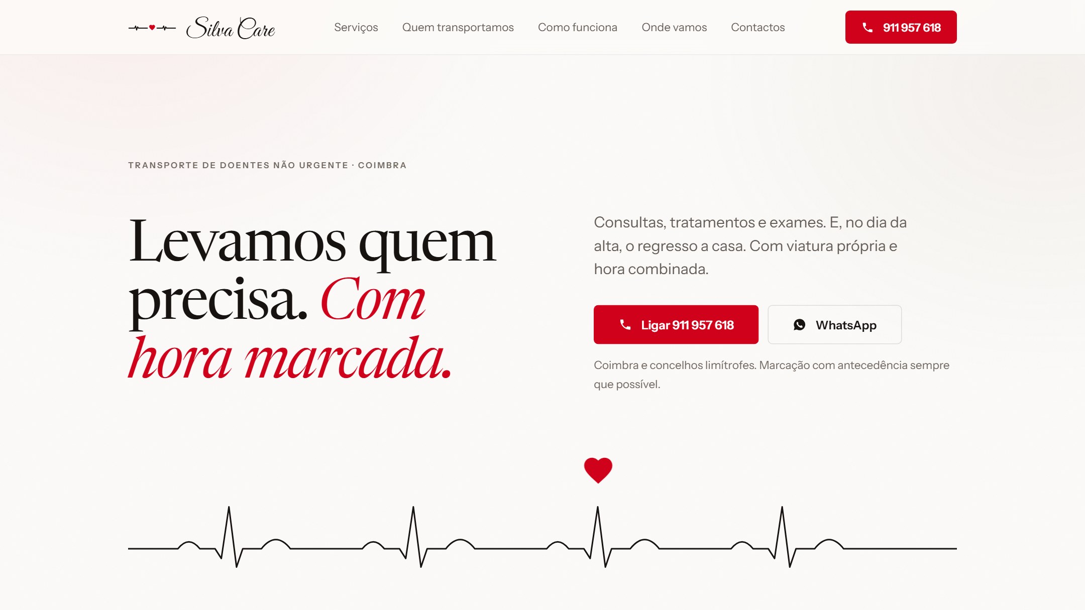 Página inicial do site da Silva Care, transporte de doentes não urgente, em branco e vermelho.